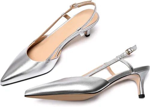 Vista 6 de FEMSTEP Zapatos de tacón bajo con hebilla de cuero mate para mujer, con puntera puntiaguda, de 2 pulgadas