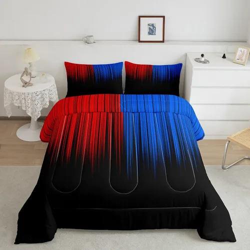 Vista 19 de Feelyou Juego de edredón geométrico degradado para adolescentes, tamaño individual, para niños y mujeres, azul, rojo y negro, juego de ropa de cama