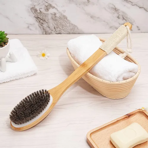 Vista 7 de eaxun Cepillo de ducha de bambú con mango largo curvado, exfoliante de espalda de 16.7 pulgadas con cerdas naturales para hombres y mujeres