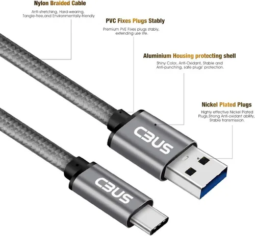 Vista 4 de Cable de disco duro SSD trenzado USB-C 3.1 a USB-A 3.0 de longitud corta, color gris espacial, compatible con LaCie, SanDisk, G-Drive, Samsung