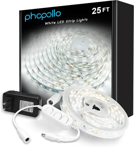 Vista 10 de PHOPOLLO Tira de luces LED blancas de 16.4 pies, tira de luces LED regulable de 6500K de luz blanca diurna, 300 LED, luces LED flexibles