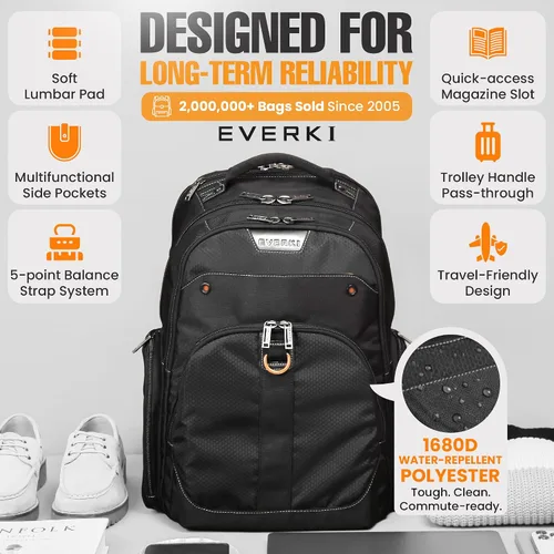 Vista 5 de Mochila EVERKI Atlas para Laptop de Negocios - Mochila para Mujeres o Hombres para el Trabajo, Negro