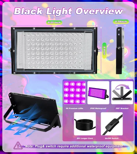 Vista 6 de Luz LED Negra de 100W IP66 Impermeable, Reflector de Luz Negra para Exteriores con Enchufe+Interruptor+Cable, para Halloween, Neón que Brilla