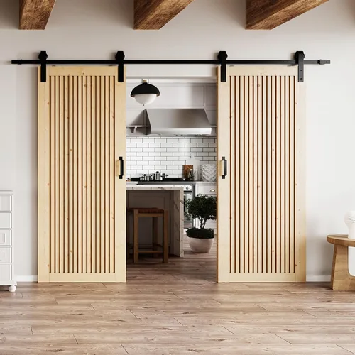 Vista 9 de BARNER HOME Puerta de granero de madera de pino de 30 x 84 pulgadas, puerta corredera decorativa de 1 lite, con kit de herramientas incluido Puerta