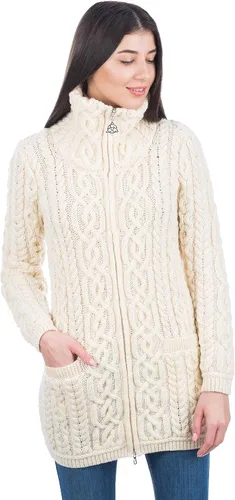 Vista 3 de SAOL Cárdigan irlandés con cremallera Aran para mujer, abrigo de 100% lana merina, con bolsillos y cuello elevado