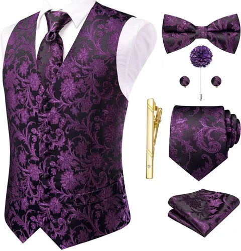 Vista 21 de Hi-Tie Chaleco de traje de seda para hombre, corbata y corbatín de solapa, clip de corbata dorado, chaleco floral de cachemira, 8 piezas, conjunto