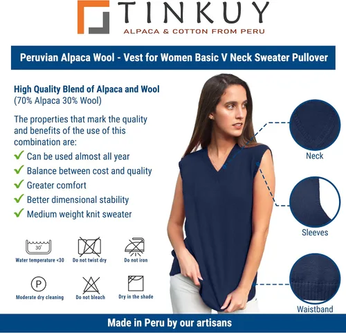 Vista 5 de TINKUY PERU - Chaleco de lana de alpaca con cuello en V para mujer, S-4XL