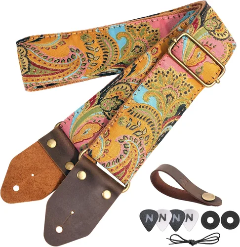 Vista 31 de Nefelibata Correa de guitarra, correas de guitarra de algodón bordado jacquard con extremos de cuero de caballo loco para bajo, eléctrico
