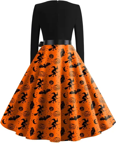 Vista 2 de Halloween Dresses Womens Long Sleeve Cocktail Swing Dress Pumpkin Witch Printed Cosplay Party Costume Swing Dress