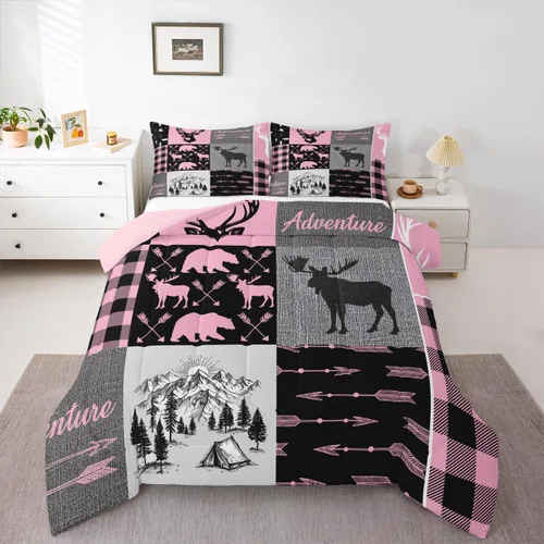 Vista 24 de Juego de edredón de cabaña rústica navideña, juego de ropa de cama estilo rústico con diseño de osos y ciervos, tamaño completo, patchwork Multi 08