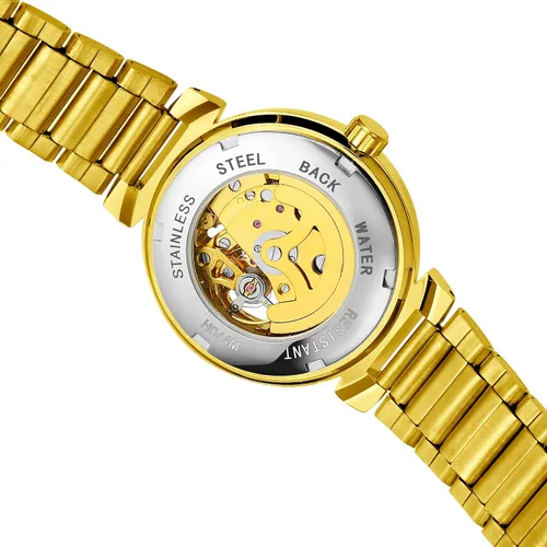 Vista 3 de Reloj esqueleto de pulsera automático estilo steampunk, manecillas luminosas de tono dorado, correa de cuero, 40mm, Negro dorado