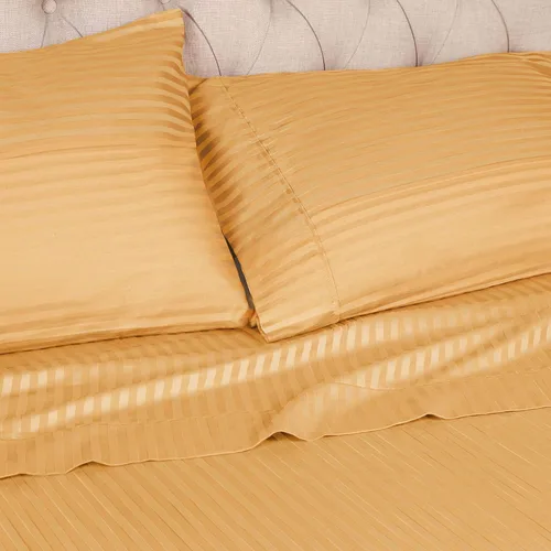 Vista 3 de Superior Par de fundas de almohada de algodón peinado suave, rayas de satén, estándar, color dorado