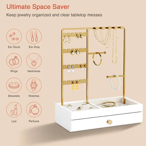 Vista 7 de Soporte organizador de joyas de oro, regalo de cumpleaños para mujeres y niñas, pequeño soporte de joyería para aretes, anillos, pulseras, árbol