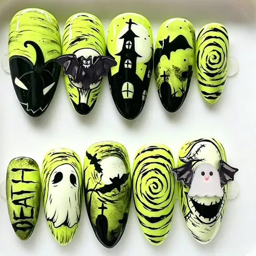 Vista 50 de Paquete de 6 144 uñas acrílicas de Halloween a presión, uñas postizas reutilizables de cobertura completa, uñas postizas adhesivas con pegamento H103