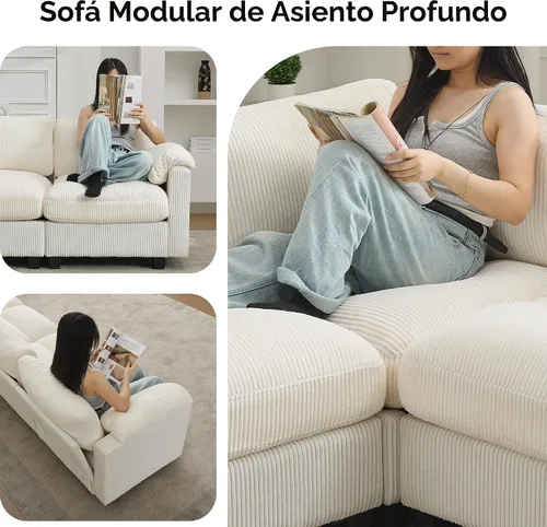 Vista 4 de Sofá modular de 61 pulgadas con otomana, asiento extra profundo para sala de estar, sofá de asiento profundo de pana con almohadas para Beige