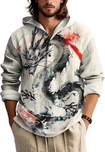 Vista 11 de Sudadera con capucha con estampado novedoso para hombre, multiestilo, manga larga, casual, con botones de un cuarto