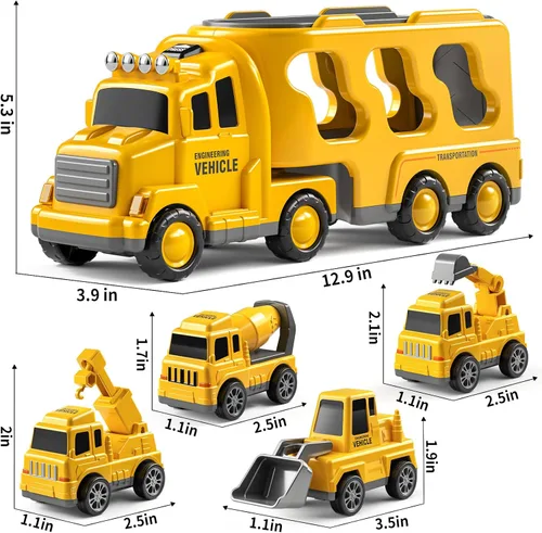 Vista 5 de JUKUDAHU Camiones para niños pequeños de 2 a 4 años 1-3 4-8 4-7 para niños y niñas, camiones de juguete de construcción de 5 en 1 para niños