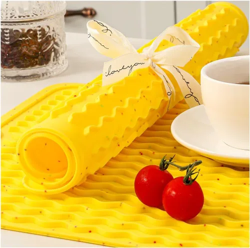 Vista 30 de CAKETIME Paquete de 2 tapetes de secado de platos de silicona multicolor para encimera de cocina, comedor, manteles individuales resistentes al