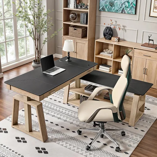 Vista 9 de EUREKA ERGONOMIC Escritorio de pie de cuero, escritorio ejecutivo de 1.52 m con cajones, escritorio moderno de pie y sentado con patas en forma de X