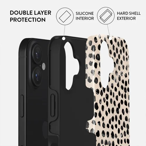 Vista 2 de BURGA-Funda p/teléfono compatible c/iPhone 14 Plus, carcasa rígida híbrida de 2 capas + Funda protectora de silicona, almendras latte a lunares