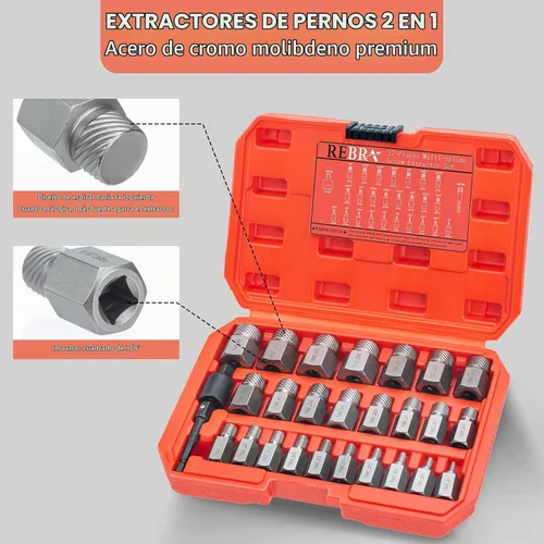 Vista 5 de REBRA Juego de 27 piezas extractores de tornillos, kit removedor de pernos de cabeza doble de impacto de 3/8 pulgadas Easy Out, cabeza hexagonal