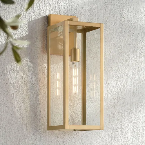 Vista 8 de John Timberland Titan - Juego de 2 lámparas de pared modernas para exteriores, marco rectangular dorado suave de 20 1/4 pulgadas, paneles de vidrio