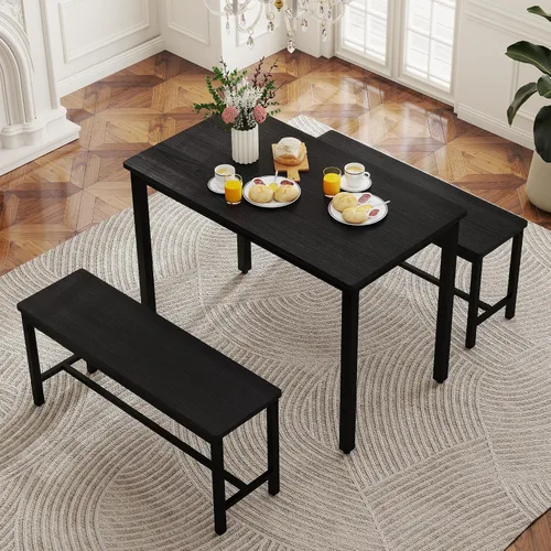 Vista 6 de Juego de mesa de comedor para 4, mesa de cocina con 2 bancos, muebles de comedor de madera de 3 piezas, juegos de sillas de comedor para rincón