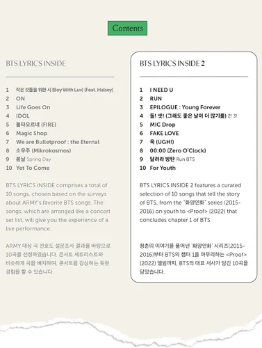 Vista 3 de Letras de BTS INSIDE 2 – Mercancía oficial de BTS, 10 amadas canciones de BTS interpretaciones completas