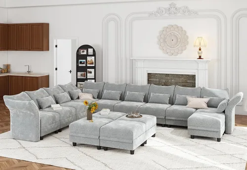 Vista 28 de LLappuil Sofá modular de 14 plazas con almacenamiento, sofás modulares grandes en forma de U para sala de estar con respaldos de brazos ajustables