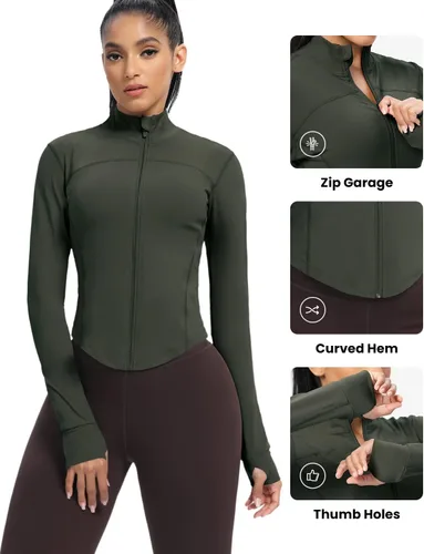 Vista 101 de AVGO Chaquetas de entrenamiento recortadas para mujer, con cremallera, ajustadas, atléticas, con agujeros para el pulgar