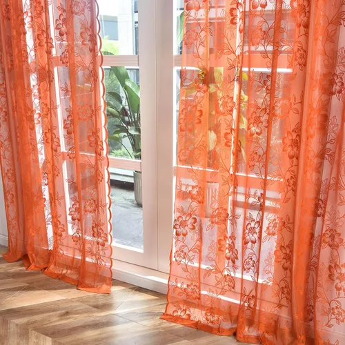 Vista 4 de FINECITY Cortinas traslúcidas naranja óxido de 72 pulgadas de largo para sala de estar, 2 paneles de cortinas de encaje transparente naranja Naranja