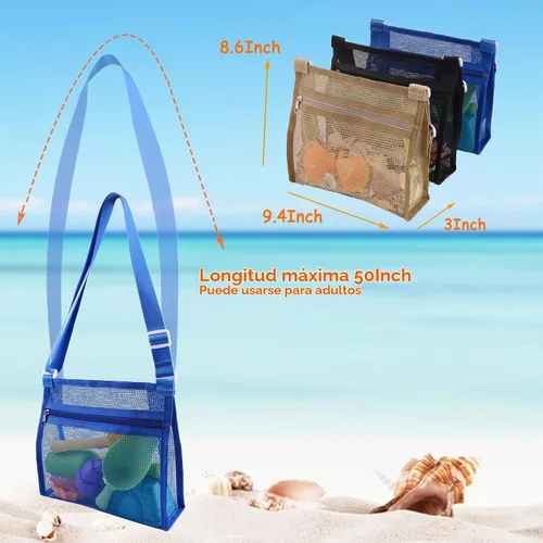 Vista 3 de MUYIZI Bolsa de playa de malla para recoger conchas, paquete de 3, bolsas de concha para playa, bolsas de concha de mar para recoger conchas, bolsa