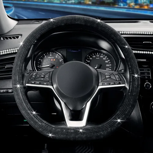 Vista 11 de SEG Direct Funda para volante de coche con fondo plano, forma D, 14 1/2-15 pulgadas (37-39 cm), cuero de microfibra negro