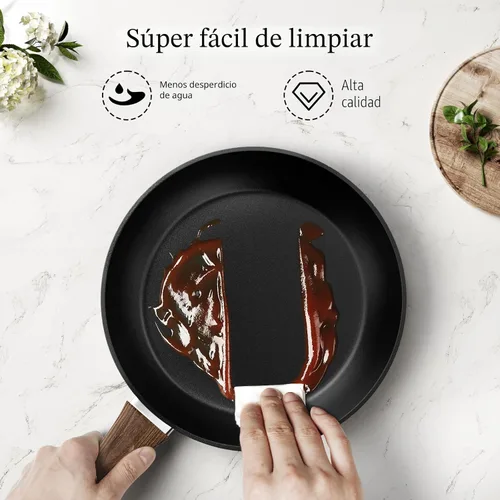 Vista 5 de Juego de sartén – 3 sartenes antiadherentes con tapas, sin PFOA, compatible con inducción, color negro