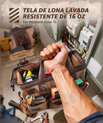 Vista 3 de ARCFOX Bolsa de herramientas portátil de 14 pulgadas para electricistas con 21 bolsillos - Bolsas de herramientas de lona resistente de 16OZ