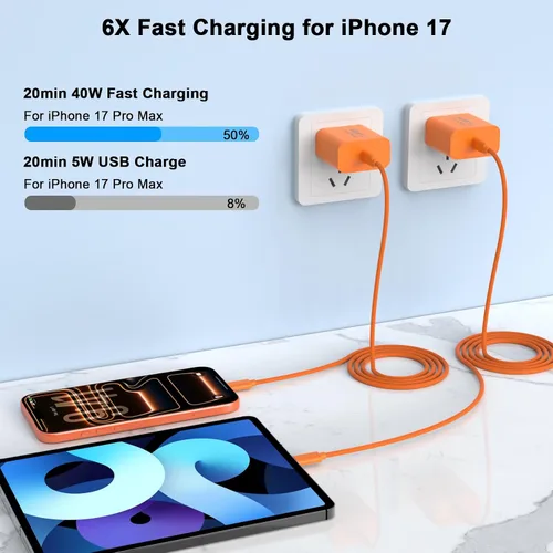 Vista 2 de [Certificado MFi de Apple] Cargador para iPhone 17 Pro Max de carga rápida, paquete de 2 bloques de cargador USB C de 40 W y cable de carga tipo C
