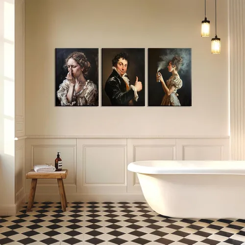 Vista 3 de PAINURA Juego de 3 impresiones en lienzo para pared de baño, retro, vintage, impermeables, perfectas para baño, cocina, sala de estar, dormitorio
