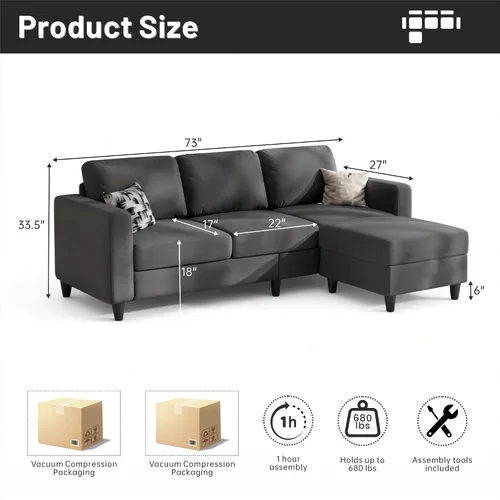 Vista 8 de Sofá modular pequeño de 73 pulgadas con diván reversible, sofá de tela de lino en forma de L con marco de roble macizo y hierro, cojín de asiento