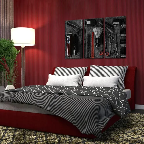 Vista 2 de RnnJoile 3 piezas de arte de pared de peluquería salón de peluquería herramientas de pintura impresiones sobre lienzo negro y rojo accesorios