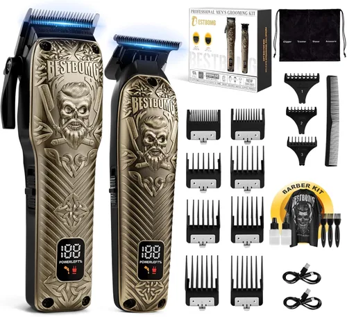 Vista 9 de BESTBOMG® Cortapelos profesional para hombres, juego de cortapelos y recortadora de peluquería profesional, cortapelos inalámbrico para hombres