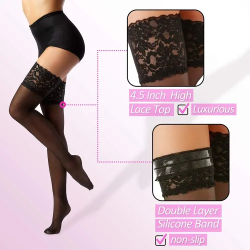 Vista 4 de G&Y Medias altas hasta el muslo con silicona 15D de encaje transparente de nailon para mujer