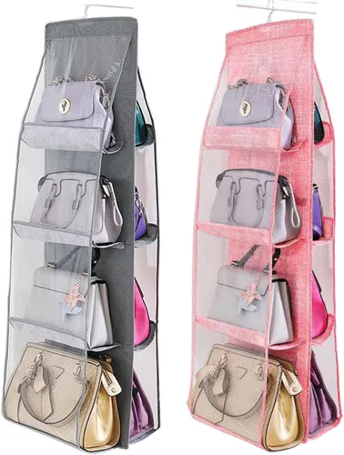 Vista 13 de AARAINBOW Paquete de 2 Organizadores Colgantes de Bolsos y Carteras para Closet, 8 Bolsillos Organizadores de Almacenamiento de Carteras que Ahorran