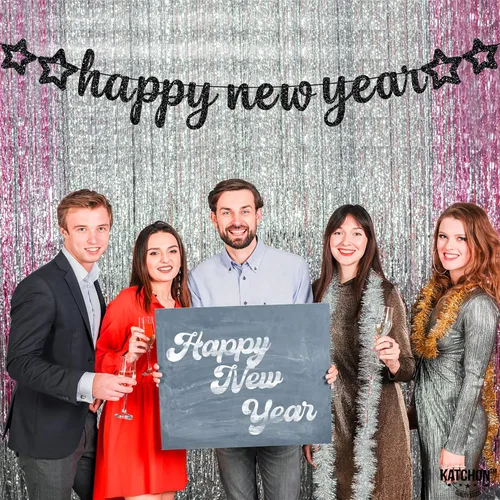 Vista 6 de KatchOn, Cartel de feliz año nuevo con purpurina negra – 10 pies, sin bricolaje Cartel negro de feliz año nuevo Suministros para fiesta de Año