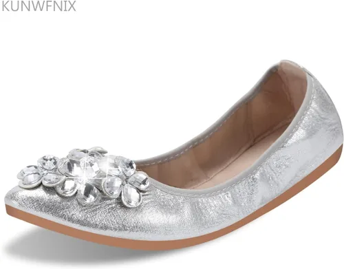 Vista 2 de KUNWFNIX Women Ballet Flats Rhinestone Wedding Ballerina Shoes Foldable Sparkly Comfort Slip on Flat Shoes