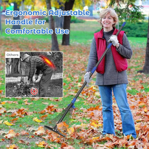 Vista 6 de Rastrillo de jardín ajustable para hojas - Rastrillo de metal resistente con cabeza expandible de 8-17" de largo, mango largo para césped, arbustos