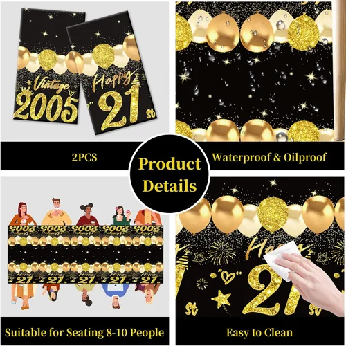 Vista 33 de Uiorgui 2 piezas mantel de cumpleaños número 18, mantel de cumpleaños número 18 negro dorado para niños y niñas, mantel de plástico rectangular