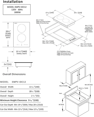 Vista 6 de Empava - Anafe eléctrico de inducción vertical con 2 quemadores, vitrocerámica, superficie lisa, vidrio en negro, 120 V, 30.5 cm