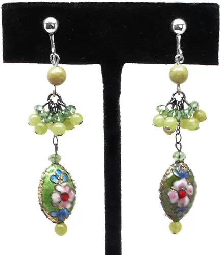 Vista 3 de Lime Green Chinese Cloisonne Enamel Cluster Drop Earrings Pierced or Clip On
