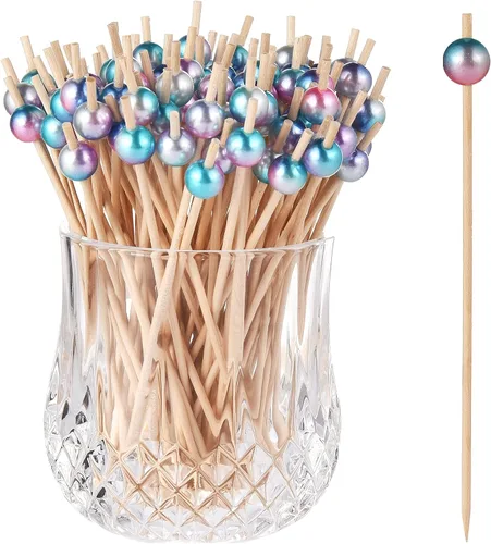 Vista 9 de ALINK Paquete de 100 palillos de cóctel, palillos de dientes de perlas coloridas para aperitivos, pinchos de madera para alimentos, bebidas, fiestas