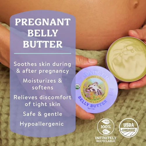 Vista 2 de Badger Mantequilla para el vientre, crema orgánica para estrías para el vientre embarazado, rica e hipoalergénica, hidratante, manteca de cacao